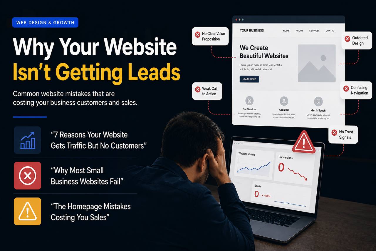 Business owner reviewing a website that is not generating leads